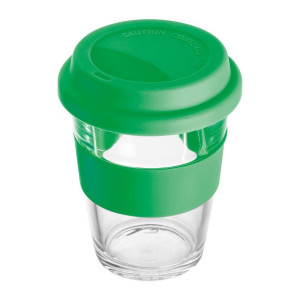 Glass mug with silicon sleeve and lid