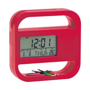 Soret digitalni stolni sat s kalendarom i termometrom. Isporučuje se sa spajalicama., bijele boje
