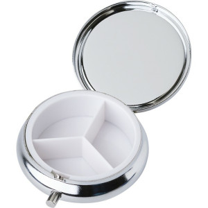 Metal pill box with 3 compartments, mirror silver