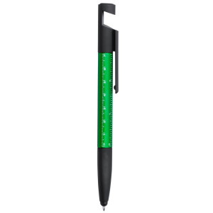 Multifunctional tool, ball pen, screen cleaner, ruler, phone stand, touch pen, screwdrivers green