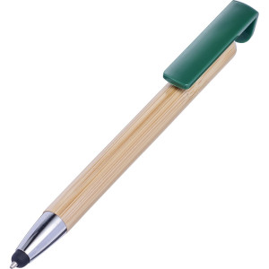 Bamboo ball pen, touch pen, phone stand green