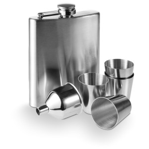 Hip flask 220 ml, cups 30 ml, funnel silver