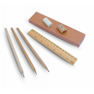 School set, pencil case, 3 pencils, ruler, eraser and pencil sharpener neutral