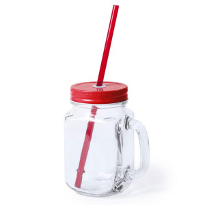 Drinking jar 500 ml with straw red