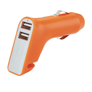 USB punjač za automobil s 2 porta, rezačem pojasa i čekićem za staklo, narančaste boje, srebrne boje