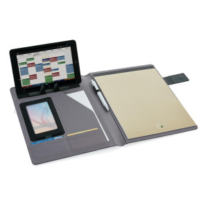 A4 portfolio s magnetnim zatvaračem, sadrži unutarnji stalak za mobitel ili tablet, pretince za kartice i notes, sive boje