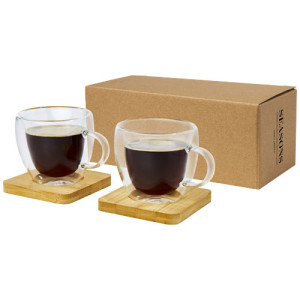 Manti 2-piece 100 ml double-wall glass cup with bamboo coaster Transparent,Natural