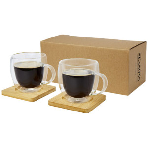 Manti 2-piece 250 ml double-wall glass cup with bamboo coaster Transparent,Natural