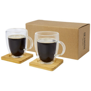 Manti 2-piece 350 ml double-wall glass cup with bamboo coaster Transparent,Natural